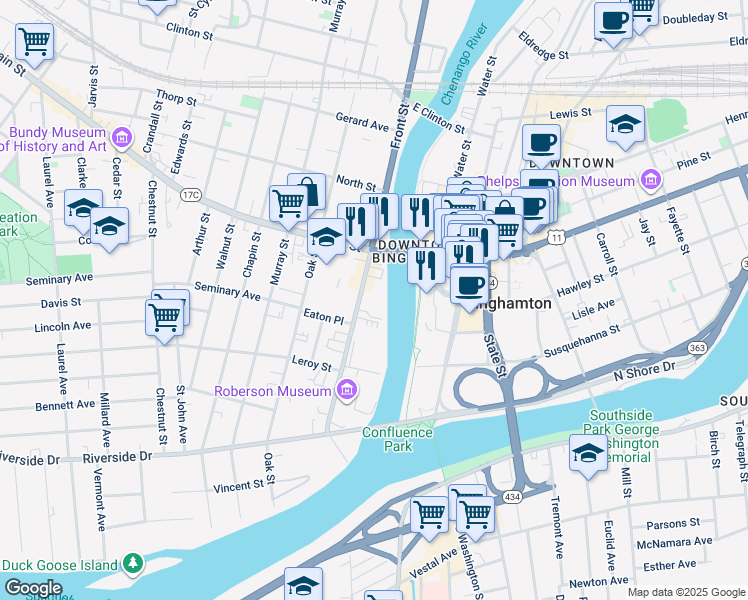 map of restaurants, bars, coffee shops, grocery stores, and more near 80 Front Street in Binghamton