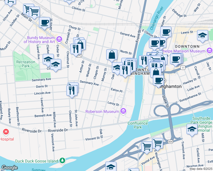 map of restaurants, bars, coffee shops, grocery stores, and more near 2 Chapel Place in Binghamton