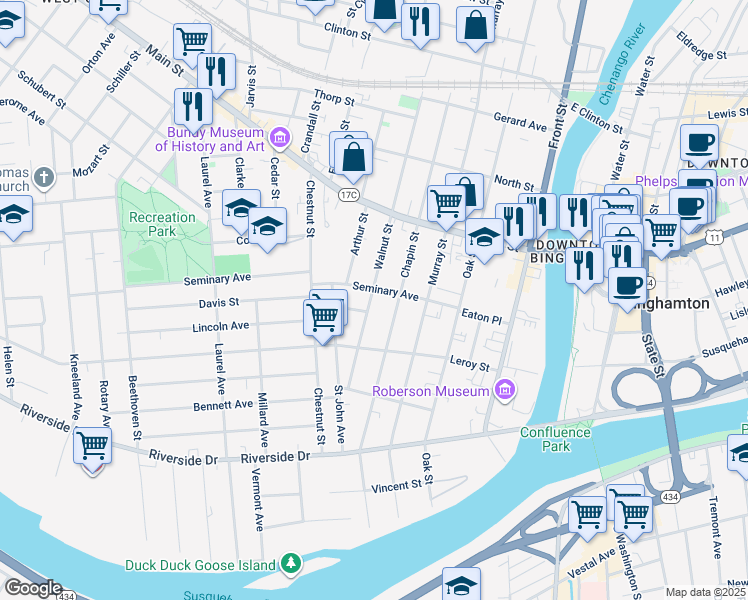 map of restaurants, bars, coffee shops, grocery stores, and more near 33 Seminary Avenue in Binghamton