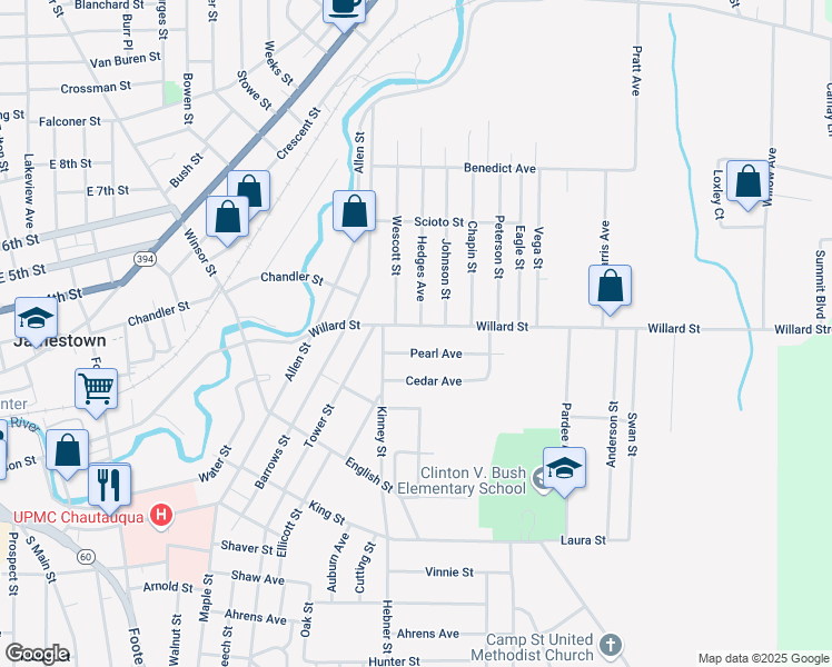 map of restaurants, bars, coffee shops, grocery stores, and more near 14 Hedges Avenue in Jamestown
