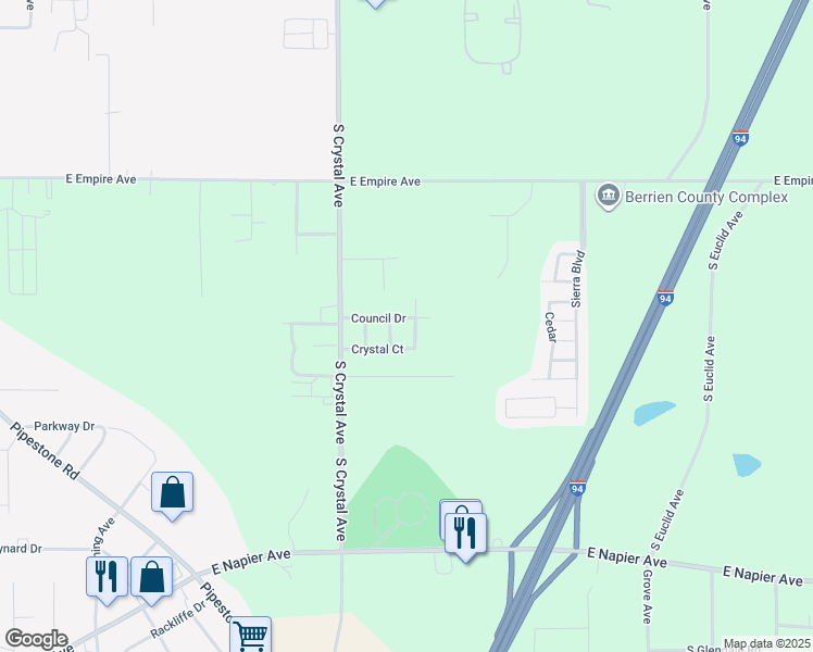 map of restaurants, bars, coffee shops, grocery stores, and more near 1901 Council Drive in Benton Harbor