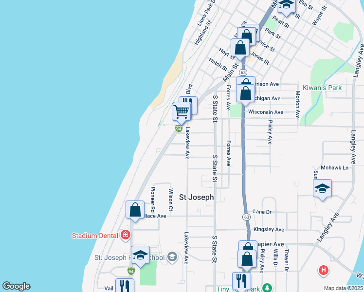 map of restaurants, bars, coffee shops, grocery stores, and more near 1719 Lakeshore Drive in St. Joseph