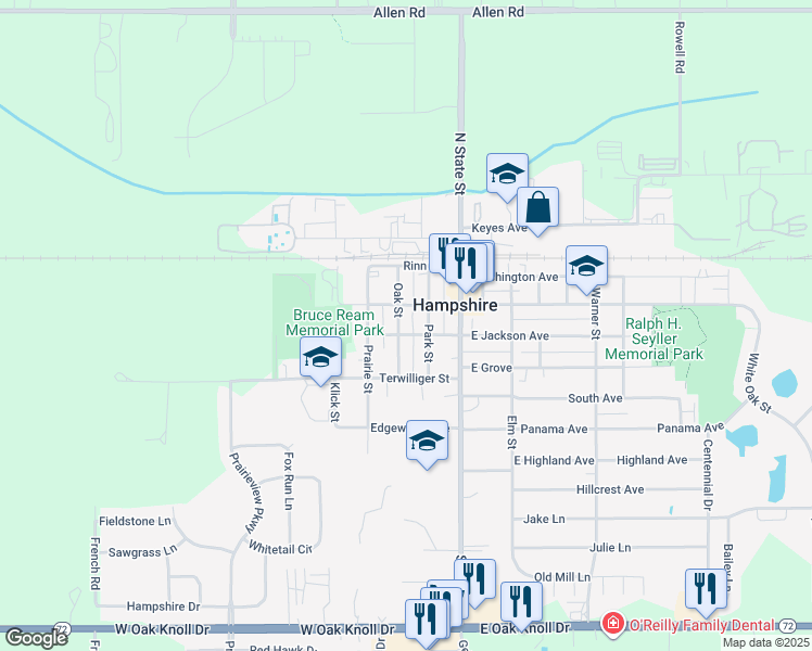 map of restaurants, bars, coffee shops, grocery stores, and more near 238 Oak Street in Hampshire