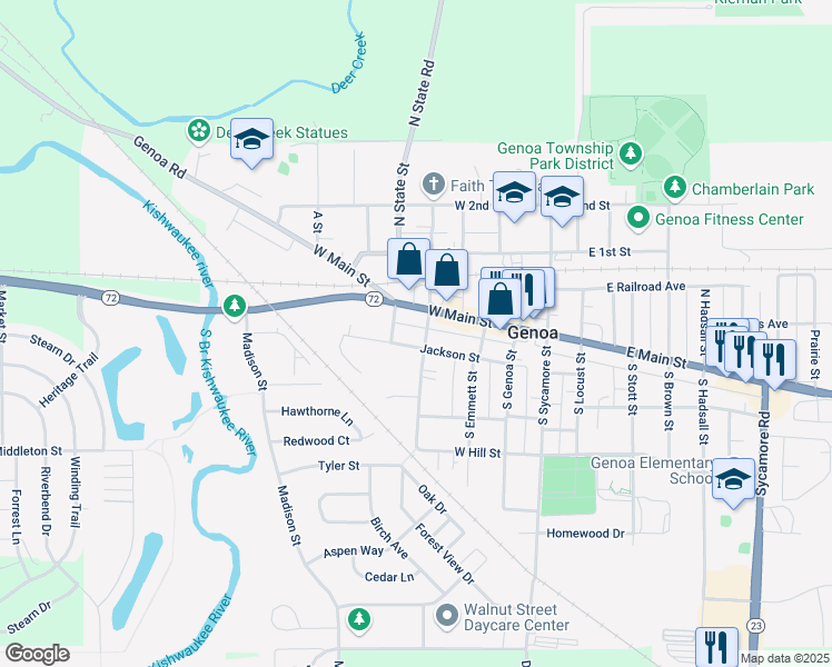map of restaurants, bars, coffee shops, grocery stores, and more near 540 West Main Street in Genoa