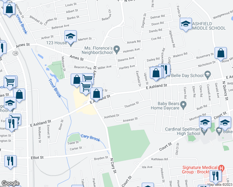 map of restaurants, bars, coffee shops, grocery stores, and more near 320 East Ashland Street in Brockton