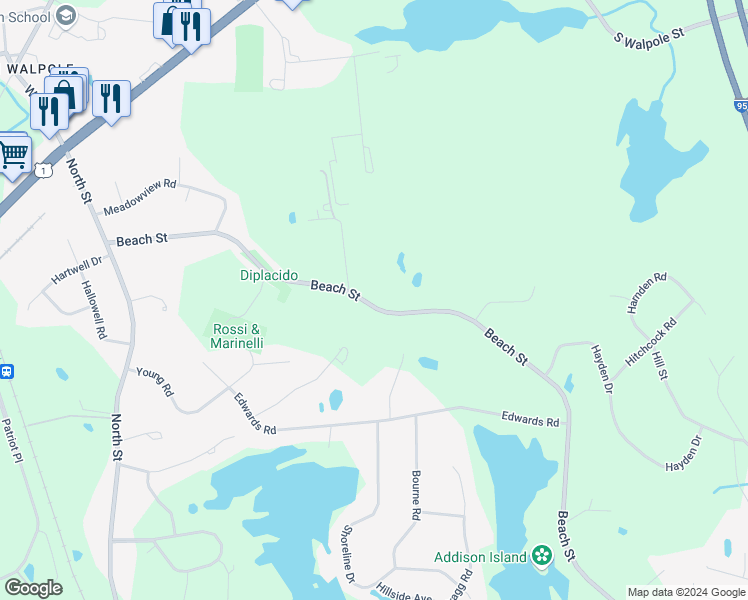 map of restaurants, bars, coffee shops, grocery stores, and more near 135 Beach Street in Foxborough