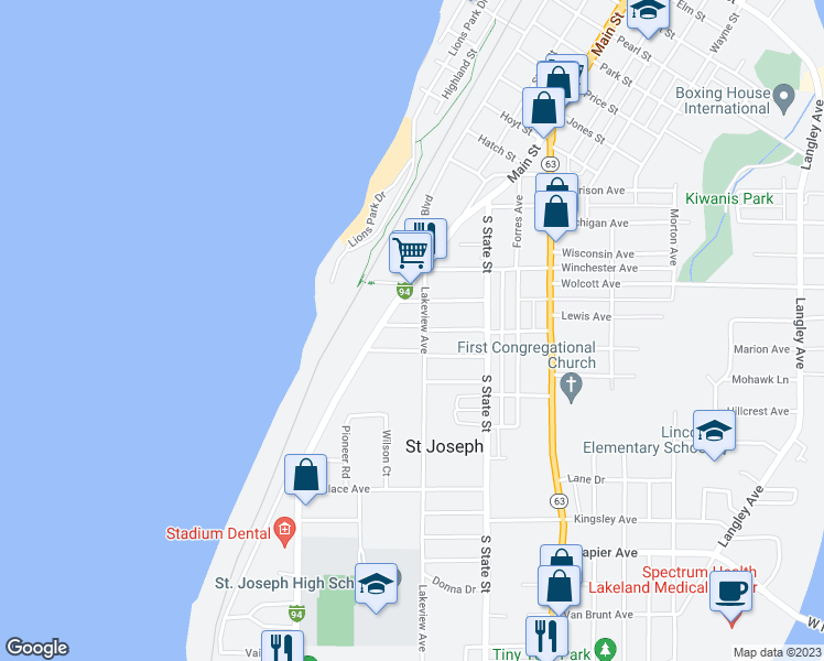 map of restaurants, bars, coffee shops, grocery stores, and more near 432 Howard Avenue in Saint Joseph