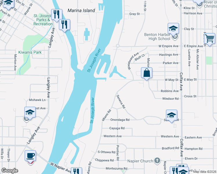 map of restaurants, bars, coffee shops, grocery stores, and more near 1140 Miami Road in Benton Harbor