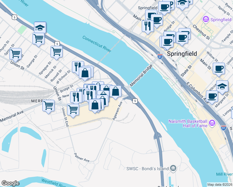 map of restaurants, bars, coffee shops, grocery stores, and more near 100 Memorial Avenue in West Springfield