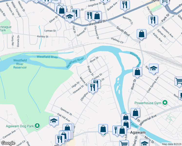 map of restaurants, bars, coffee shops, grocery stores, and more near 32 Church Street in Agawam