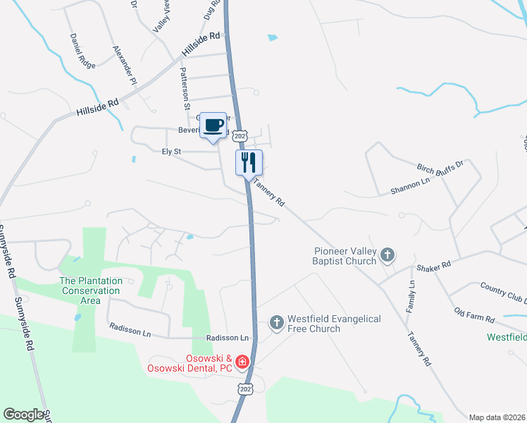map of restaurants, bars, coffee shops, grocery stores, and more near 404 Southwick Road in Westfield