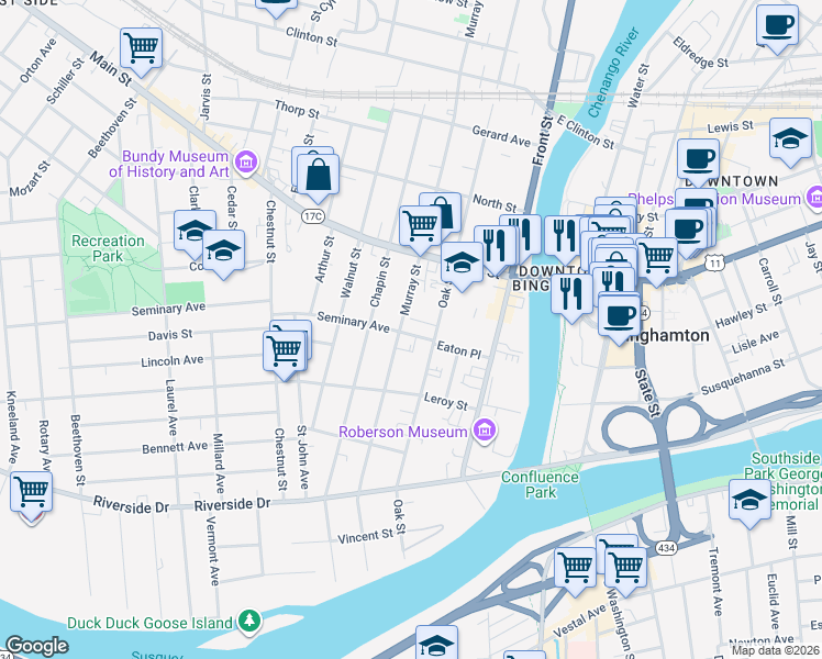 map of restaurants, bars, coffee shops, grocery stores, and more near 8 Seminary Avenue in Binghamton