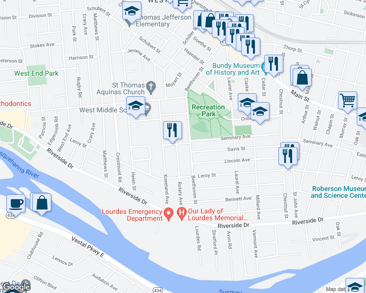 map of restaurants, bars, coffee shops, grocery stores, and more near 139 Seminary Avenue in Binghamton