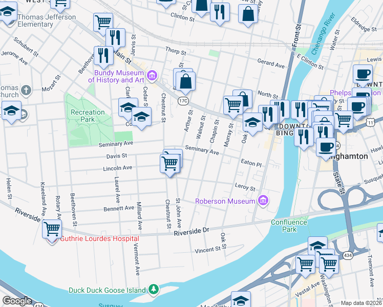 map of restaurants, bars, coffee shops, grocery stores, and more near 43 Walnut Street in Binghamton