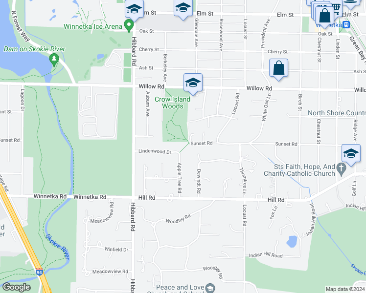 map of restaurants, bars, coffee shops, grocery stores, and more near 221 Apple Tree Road in Winnetka