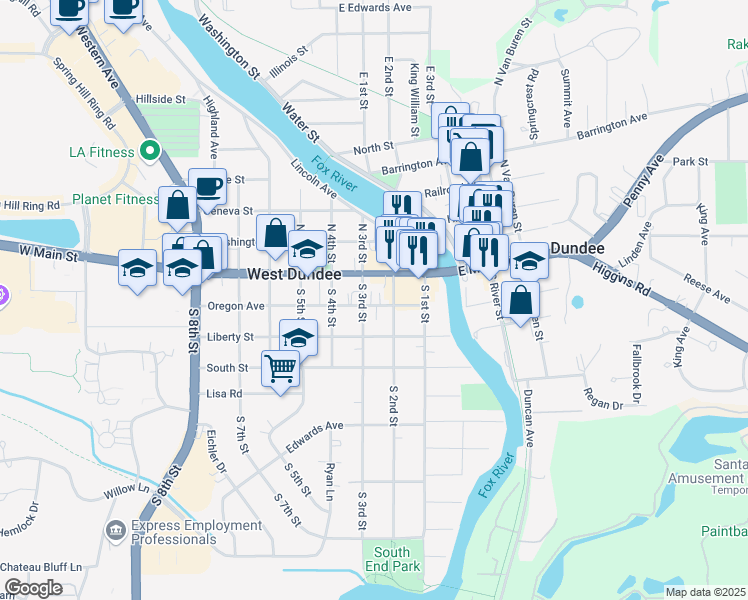 map of restaurants, bars, coffee shops, grocery stores, and more near 214 Oregon Avenue in West Dundee