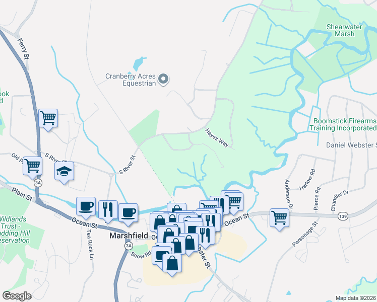 map of restaurants, bars, coffee shops, grocery stores, and more near 28 Weston Farm Path in Marshfield