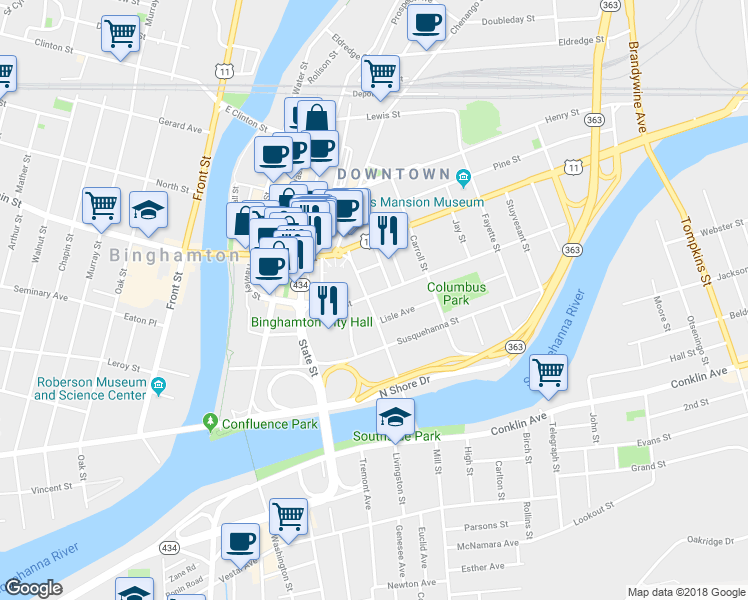 map of restaurants, bars, coffee shops, grocery stores, and more near 50 Exchange Street in Binghamton