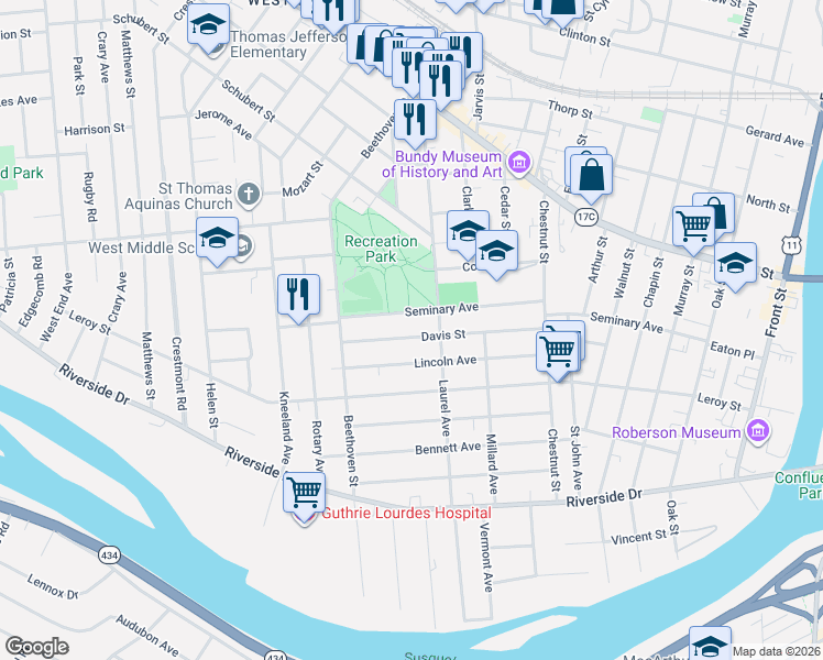 map of restaurants, bars, coffee shops, grocery stores, and more near 107 Seminary Avenue in Binghamton