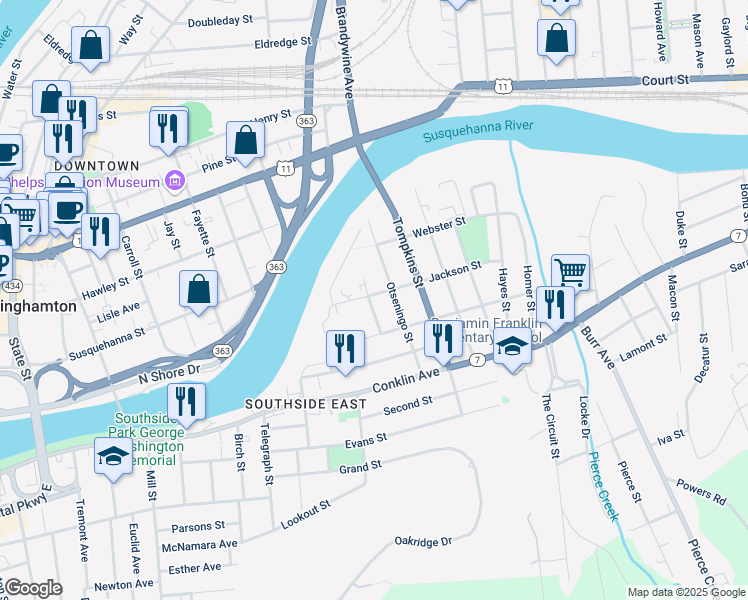map of restaurants, bars, coffee shops, grocery stores, and more near 14 Jackson Street in Binghamton