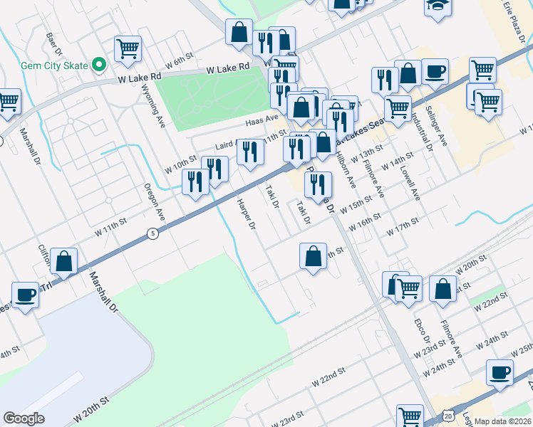 map of restaurants, bars, coffee shops, grocery stores, and more near 1201 Wana Dr in Erie