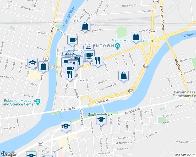 map of restaurants, bars, coffee shops, grocery stores, and more near 92 Hawley Street in Binghamton
