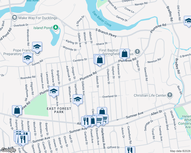 map of restaurants, bars, coffee shops, grocery stores, and more near 417 Plumtree Road in Springfield