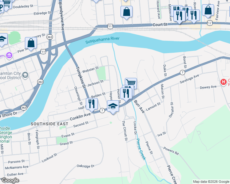 map of restaurants, bars, coffee shops, grocery stores, and more near 59 Belden Street in Binghamton