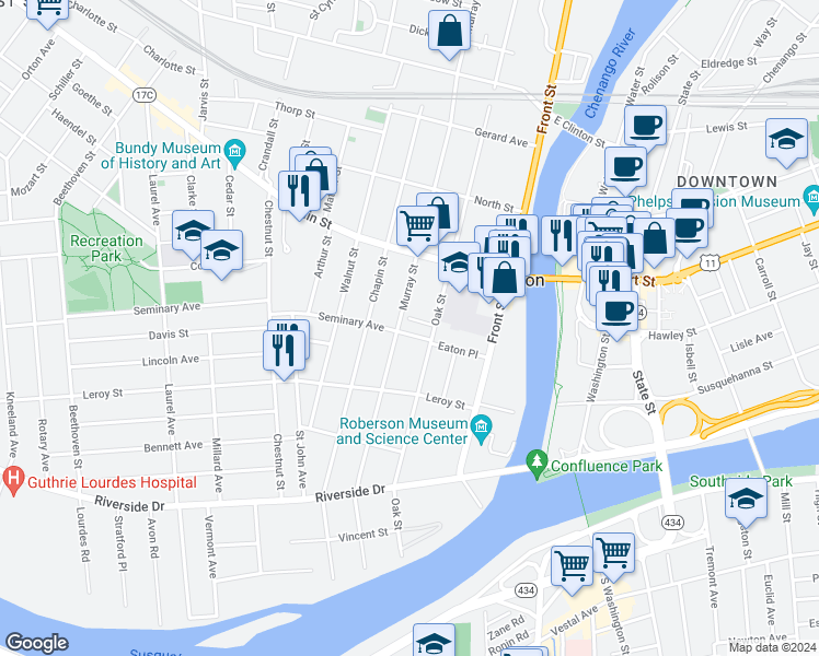 map of restaurants, bars, coffee shops, grocery stores, and more near 2 Chapel Place in Binghamton