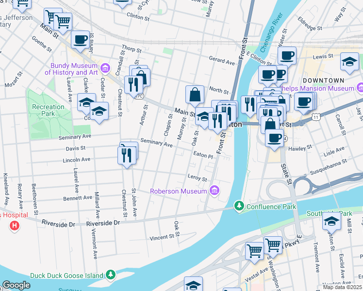map of restaurants, bars, coffee shops, grocery stores, and more near 2 Chapel Place in Binghamton