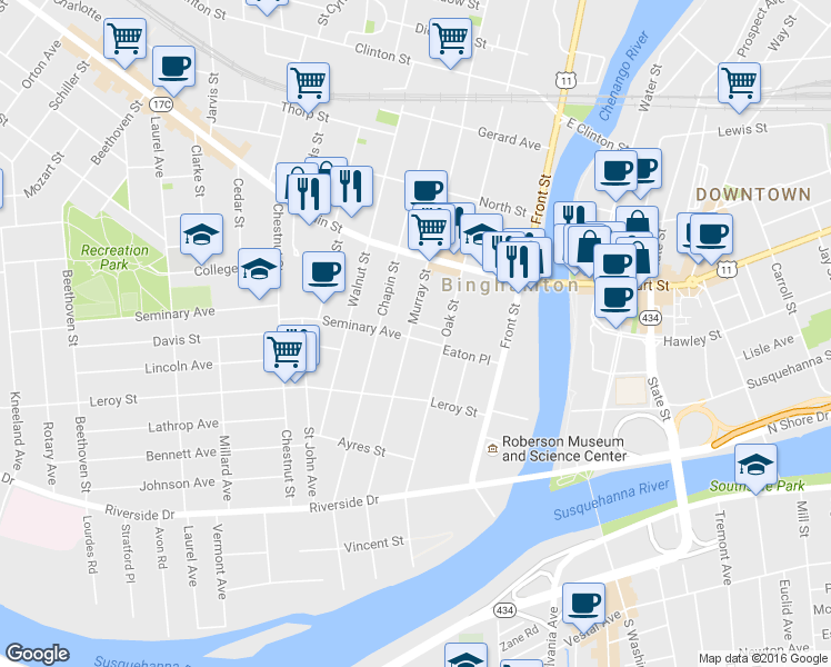 map of restaurants, bars, coffee shops, grocery stores, and more near 2 Chapel Place in Binghamton