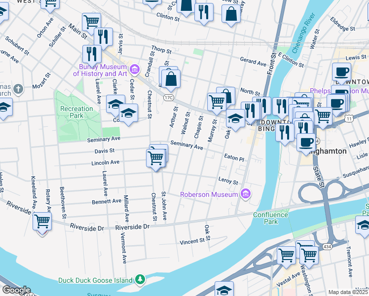 map of restaurants, bars, coffee shops, grocery stores, and more near 33 Seminary Avenue in Binghamton
