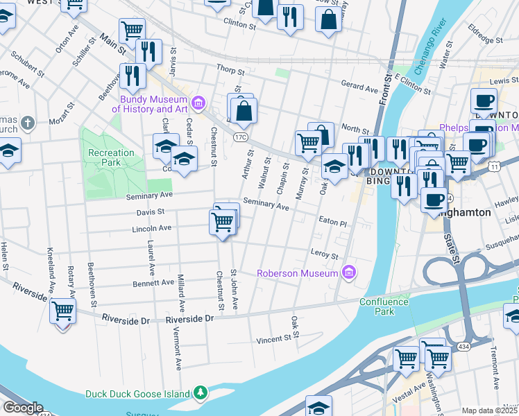 map of restaurants, bars, coffee shops, grocery stores, and more near 33 Seminary Avenue in Binghamton