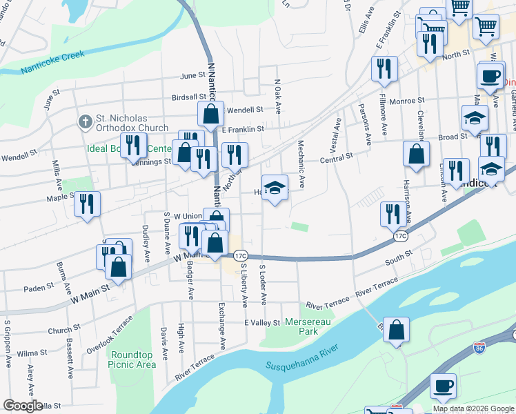 map of restaurants, bars, coffee shops, grocery stores, and more near 105 South Liberty Avenue in Endicott
