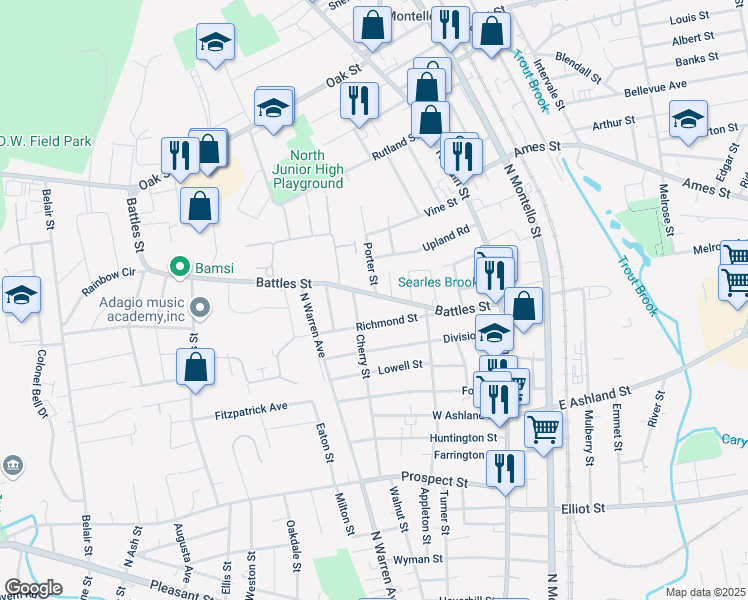 map of restaurants, bars, coffee shops, grocery stores, and more near 118 Battles Street in Brockton