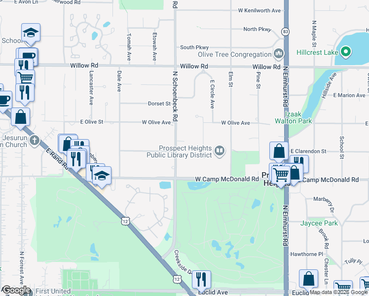 map of restaurants, bars, coffee shops, grocery stores, and more near 101 North Schoenbeck Road in Prospect Heights
