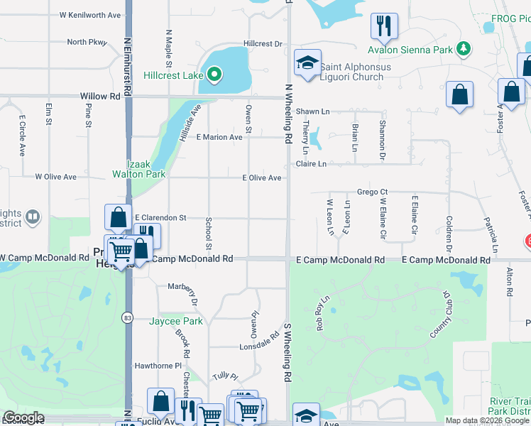 map of restaurants, bars, coffee shops, grocery stores, and more near 304 East Clarendon Street in Prospect Heights