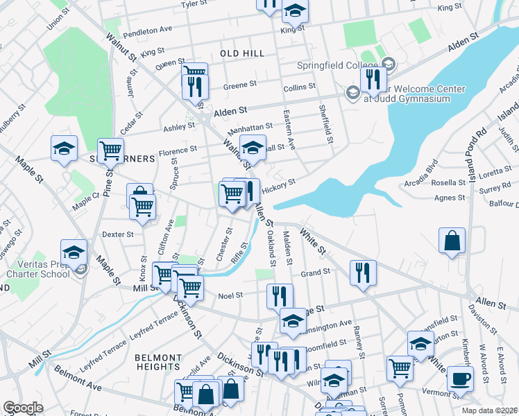 map of restaurants, bars, coffee shops, grocery stores, and more near 20 Allen Street in Springfield