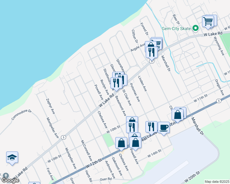 map of restaurants, bars, coffee shops, grocery stores, and more near 3720 West Lake Road in Erie