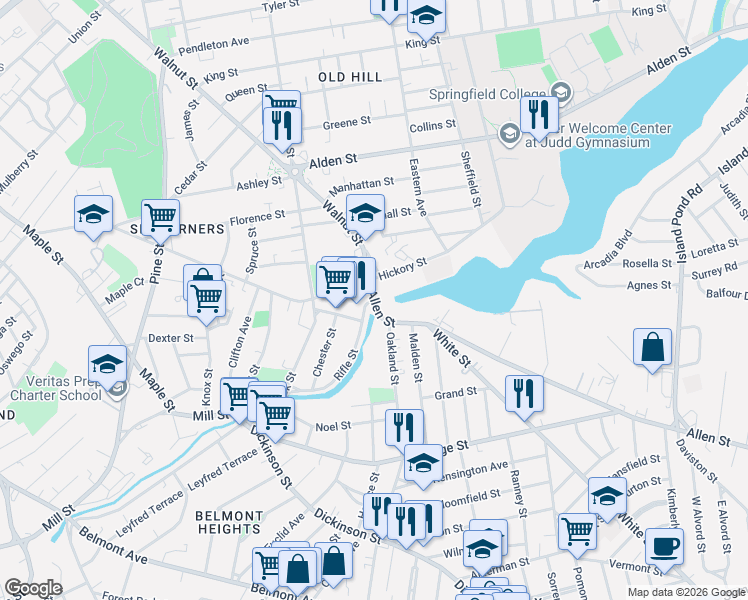 map of restaurants, bars, coffee shops, grocery stores, and more near 0 Allen Street in Springfield