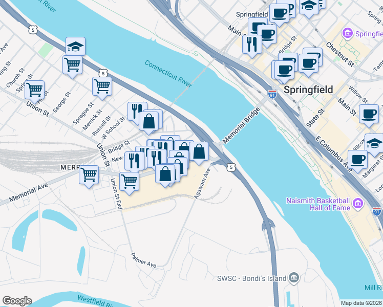 map of restaurants, bars, coffee shops, grocery stores, and more near 100 Memorial Avenue in West Springfield