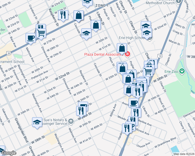 map of restaurants, bars, coffee shops, grocery stores, and more near 1022 West 34th Street in Erie