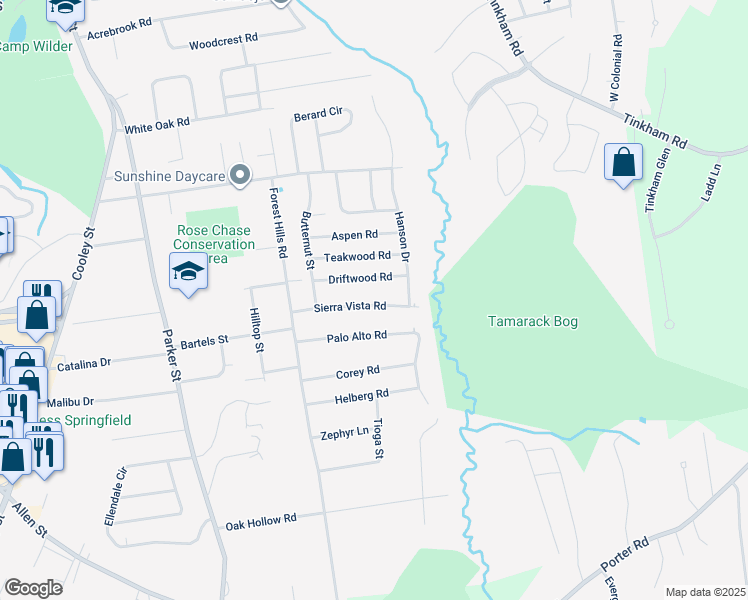 map of restaurants, bars, coffee shops, grocery stores, and more near 96 Sierra Vista Road in Springfield