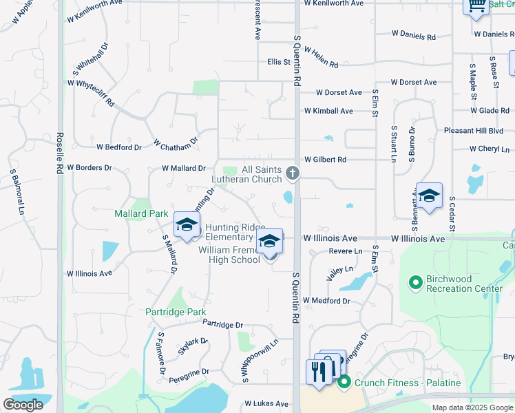 map of restaurants, bars, coffee shops, grocery stores, and more near 829 West Exner Court in Palatine