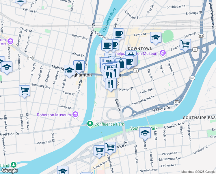 map of restaurants, bars, coffee shops, grocery stores, and more near Washington Street in Binghamton