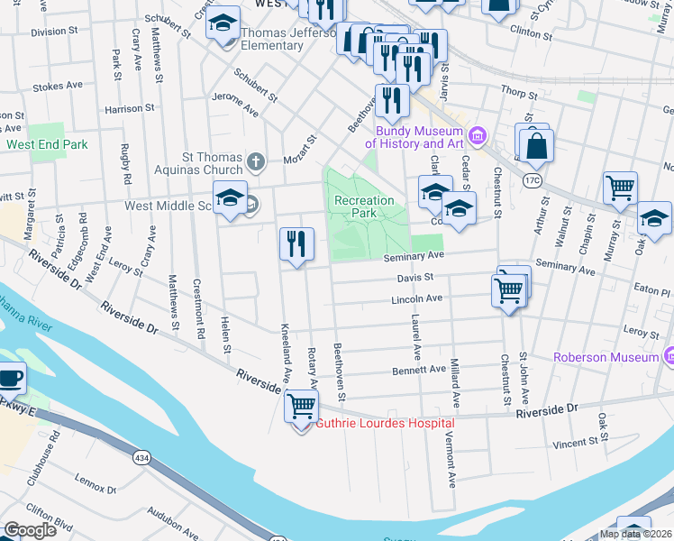 map of restaurants, bars, coffee shops, grocery stores, and more near 107 Seminary Ave in Binghamton