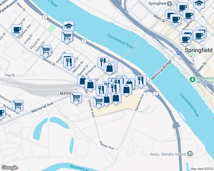 map of restaurants, bars, coffee shops, grocery stores, and more near 151 New Bridge Street in West Springfield