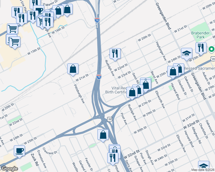 map of restaurants, bars, coffee shops, grocery stores, and more near 2037 W 23rd St in Erie