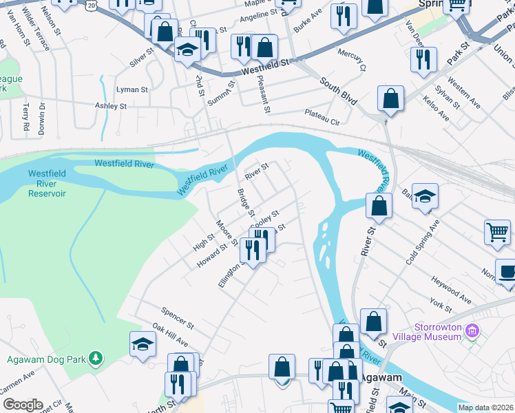 map of restaurants, bars, coffee shops, grocery stores, and more near 62-84 High Street in Agawam