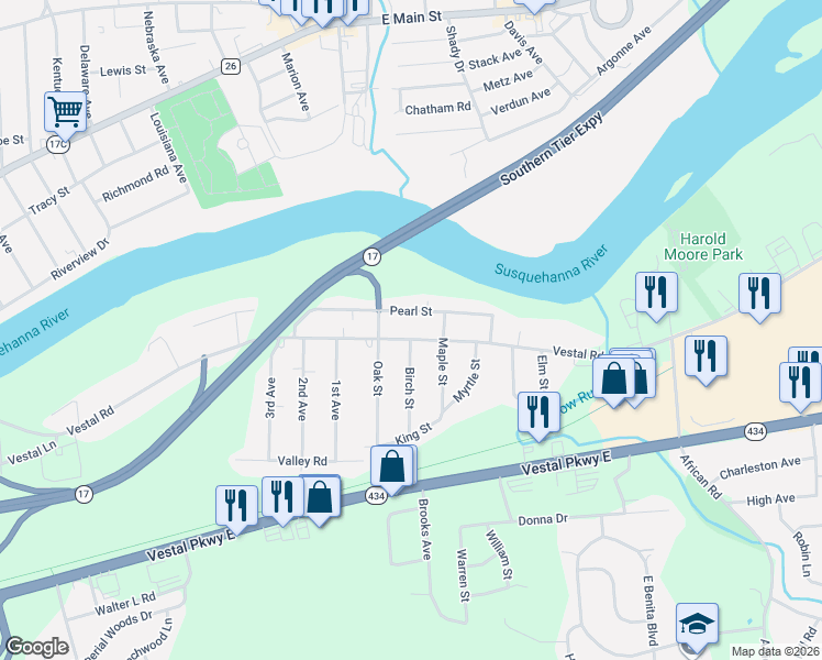 map of restaurants, bars, coffee shops, grocery stores, and more near 1804 Pearl Street in Vestal